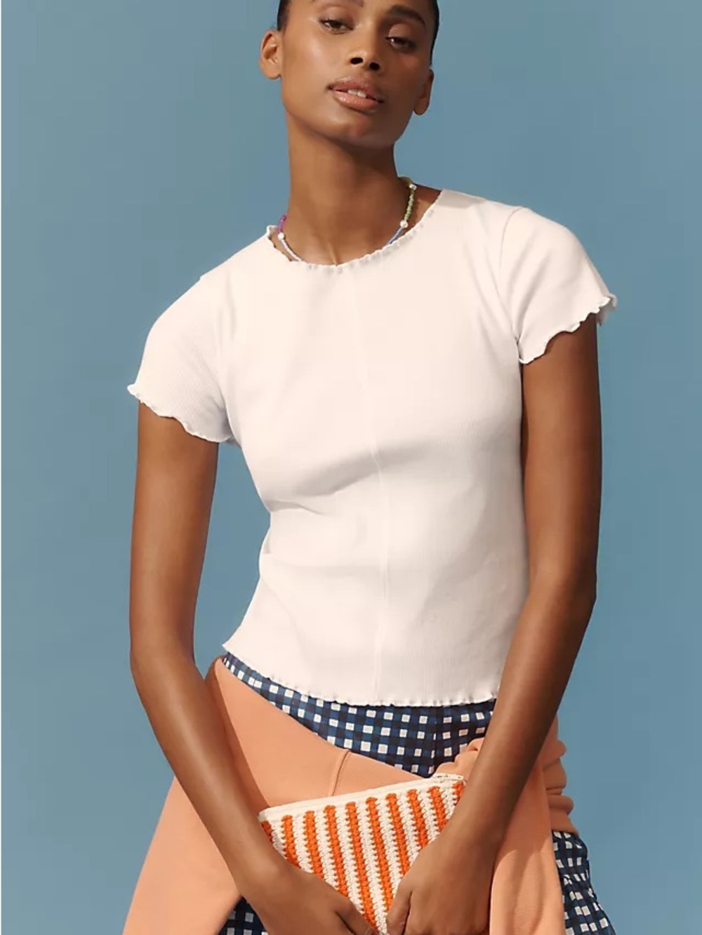 Anthropologie Pilcro Cream Ruffle-Trim Baby Doll Short Sleeve Tee